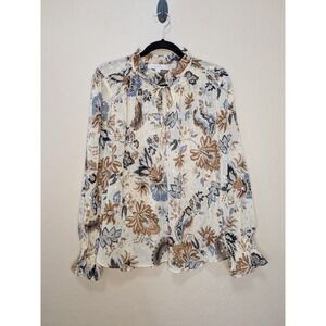 Loft XL Floral Metallic Ruffle Neck Blouse Blue Tan Gold Smocked Cuff Romantic